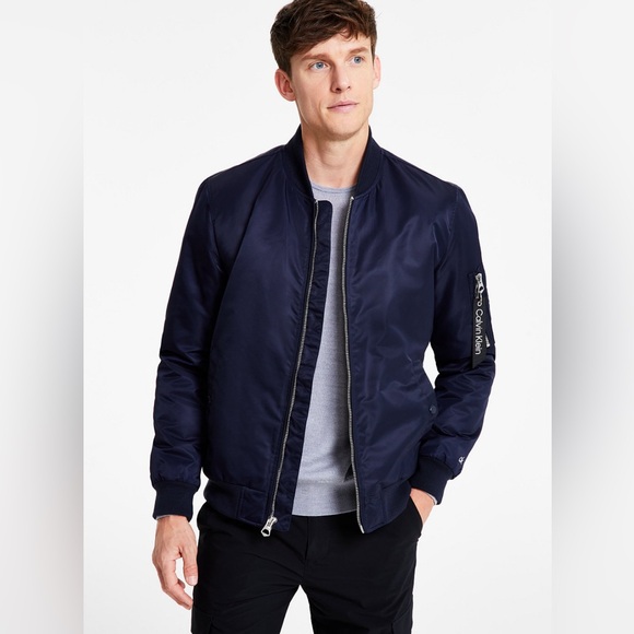 Men's Calvin Klein Navy Classic Nylon Bomber Jacket Size Small - Picture 1 of 15